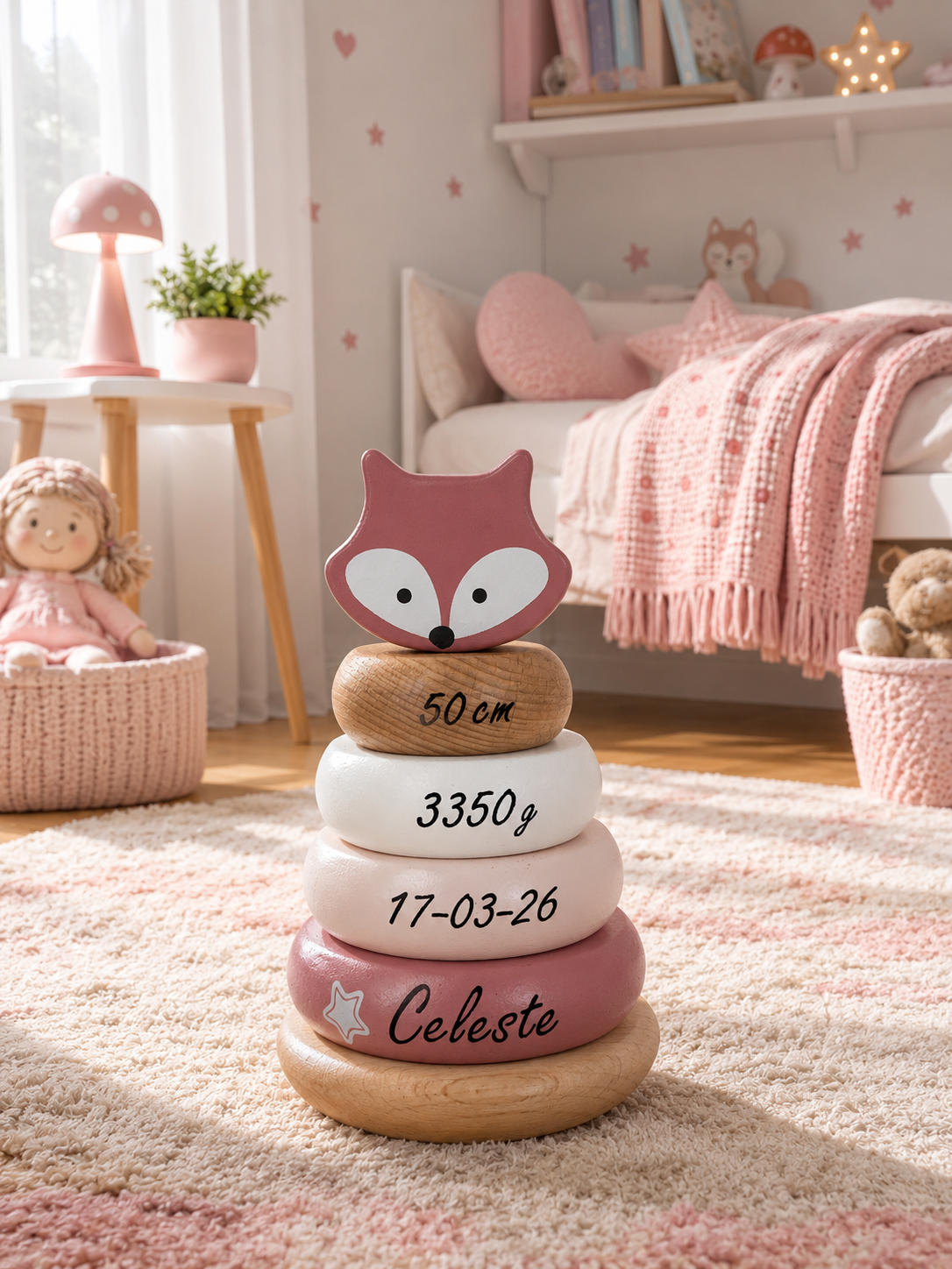 Torre di impilamento Fox – Gioco di impilamento in legno con 4 anelli e testa di animale