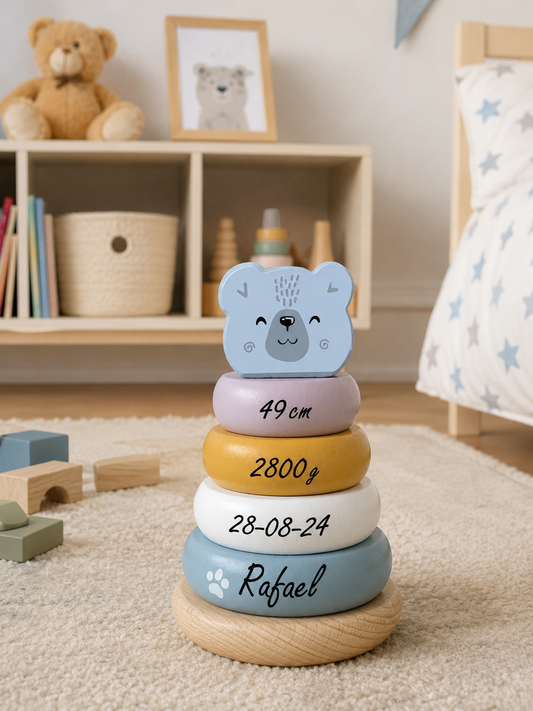 Torre di impilamento dell'orso polare - Gioco di impilamento in legno con 4 anelli e testa di animale