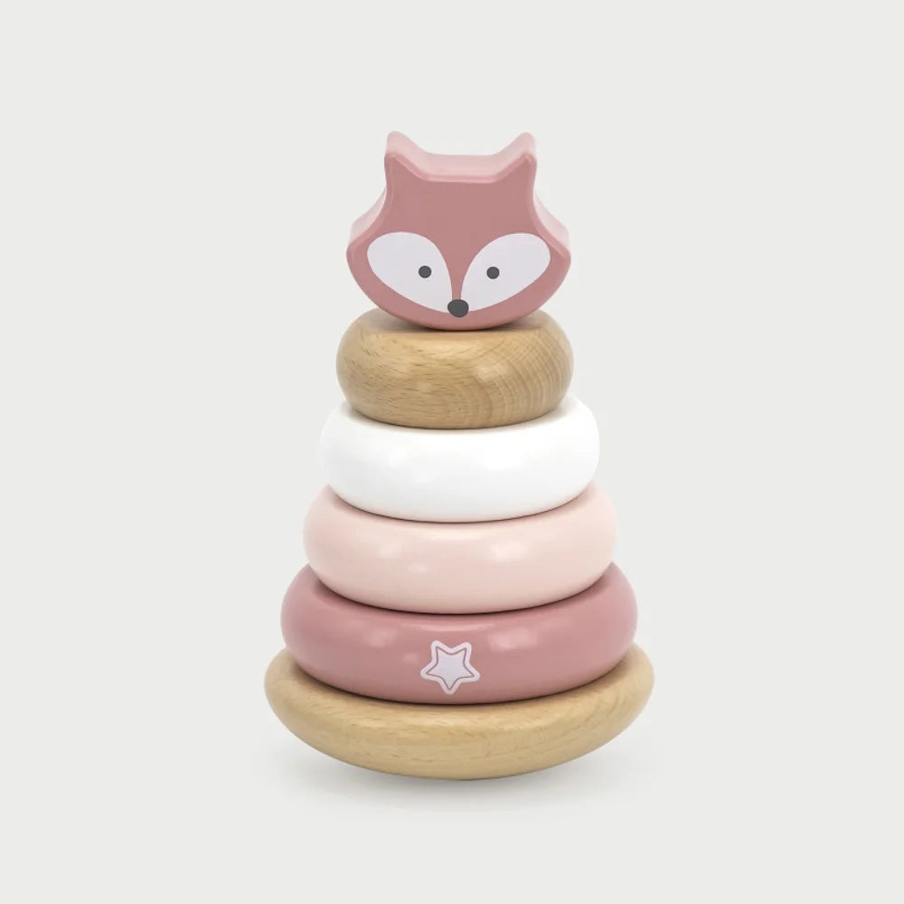 Torre di impilamento Fox – Gioco di impilamento in legno con 4 anelli e testa di animale