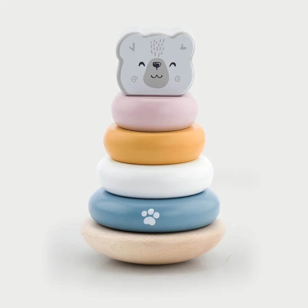 Torre di impilamento dell'orso polare - Gioco di impilamento in legno con 4 anelli e testa di animale