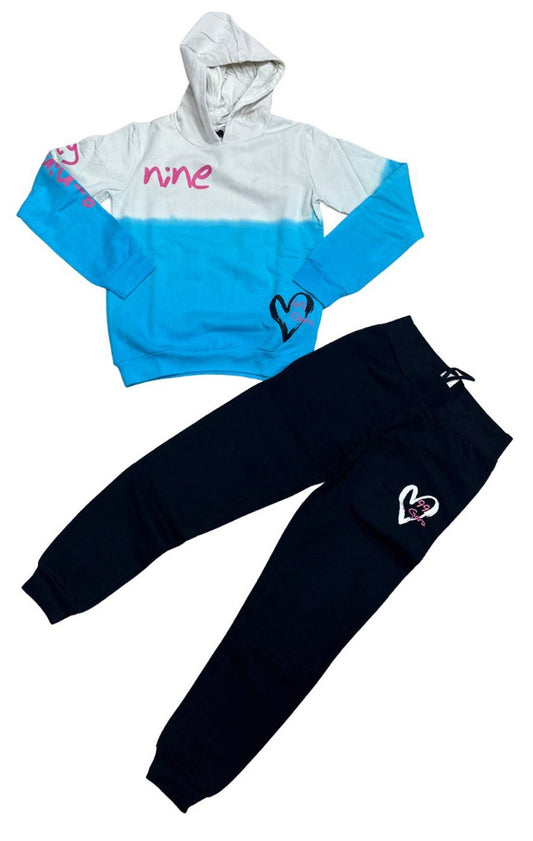 TUTA BAMBINA GURU CREMA E CELESTE FELPATA CON CAPPUCCIO