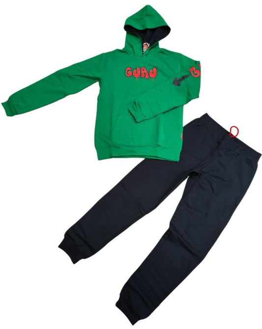 TUTA GURU BAMBINO VERDE E BLU FELPATA CON CAPPUCCIO